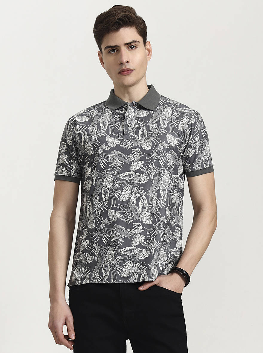 Olive Grey Printed Slim Fit Polo T-Shirt | JadeBlue
