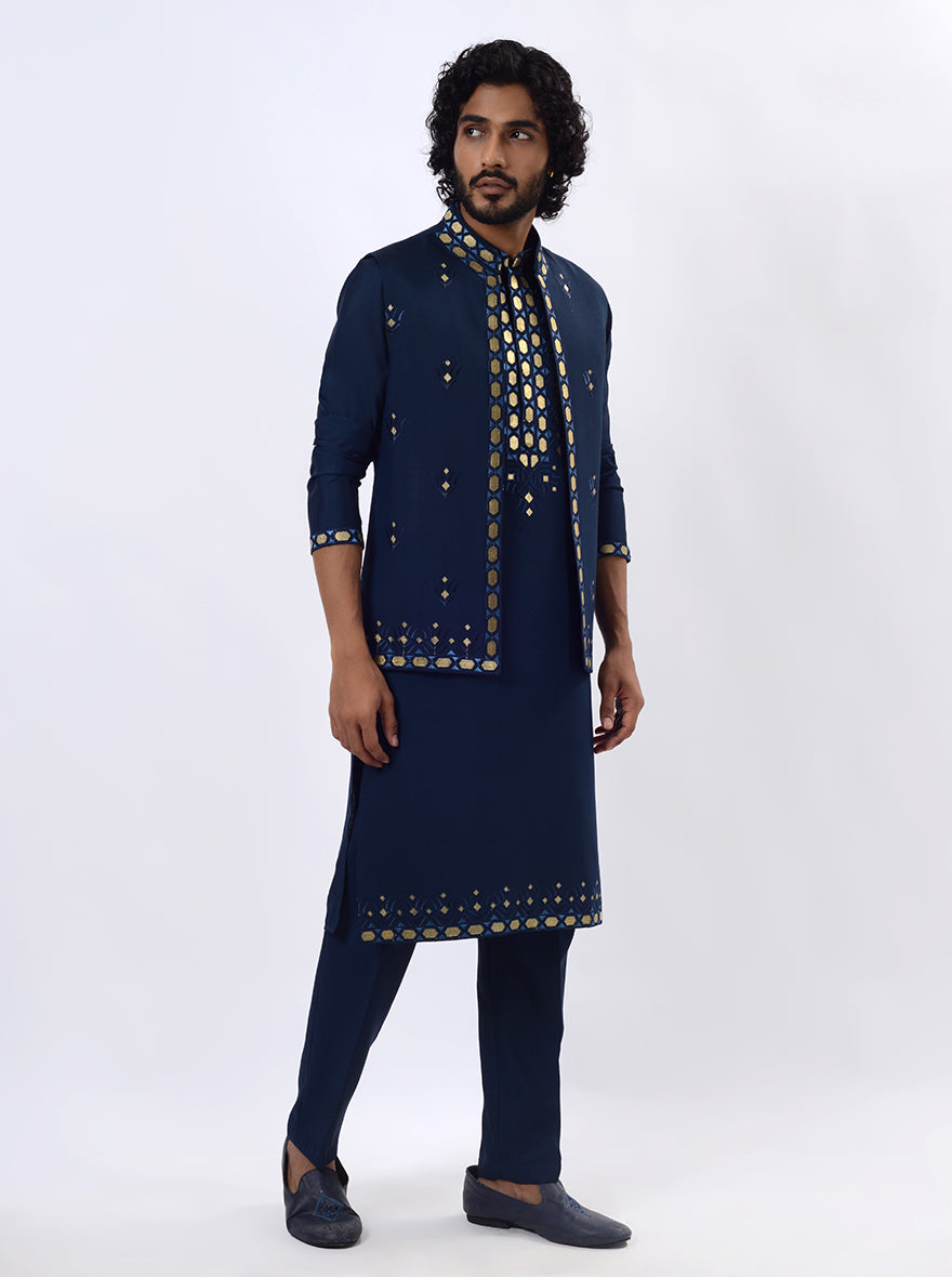 Navy Blue Kurta Set with Koti | Azania