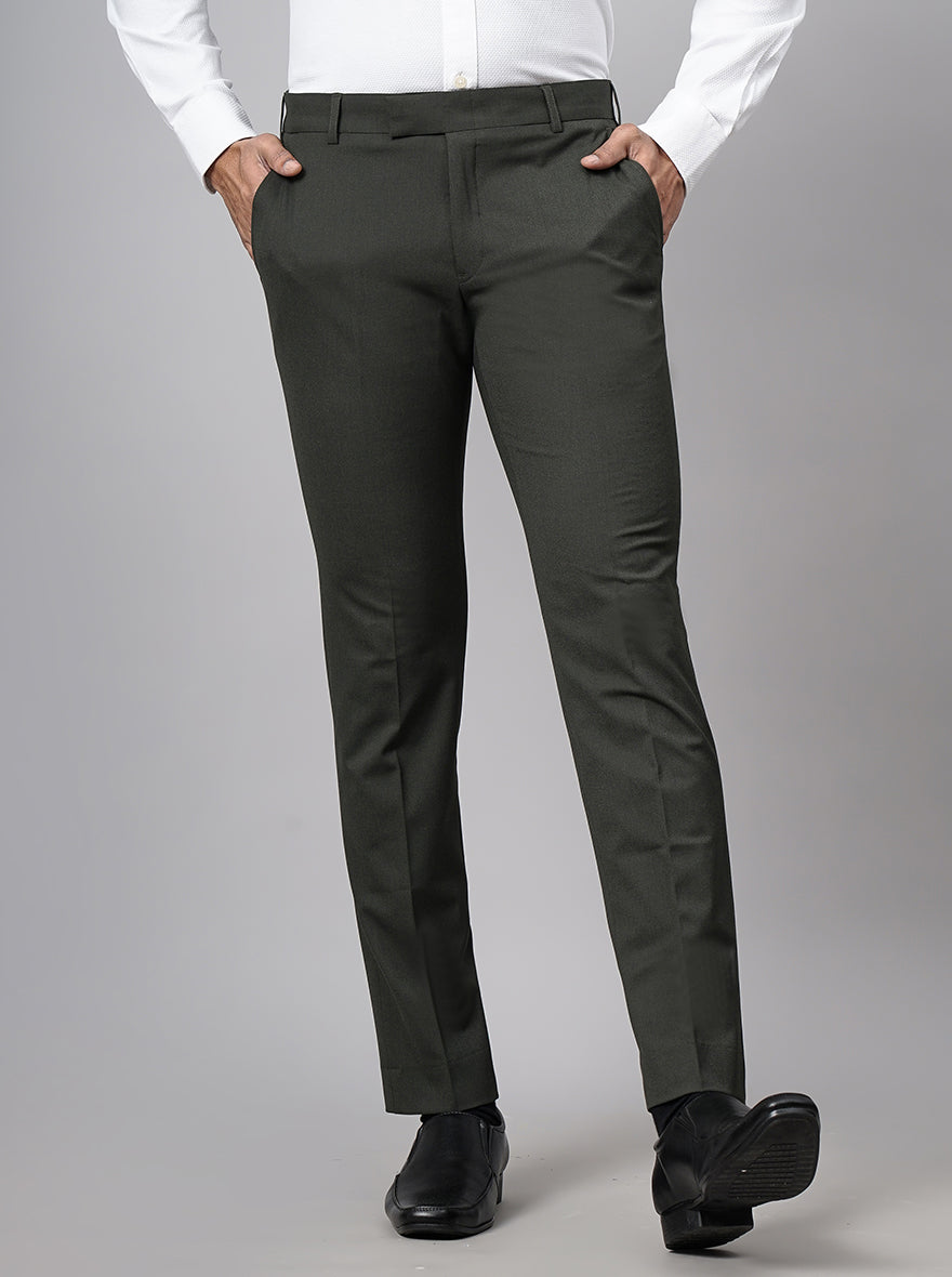 Olive Green Solid Super Slim Fit Formal Trouser | JadeBlue Youth