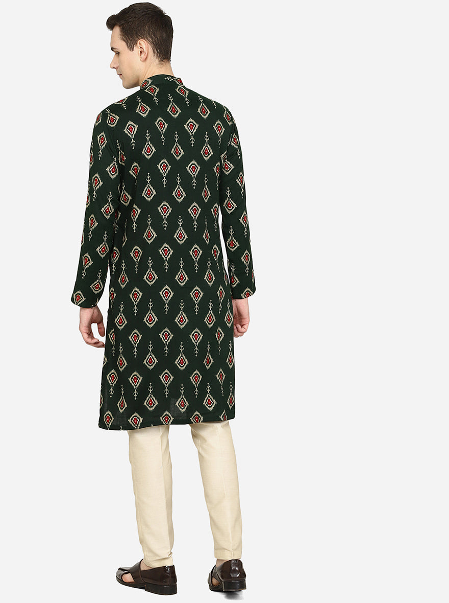 Deep Bottle Green Printed Cotton Blend Kurta | The Kurta Company