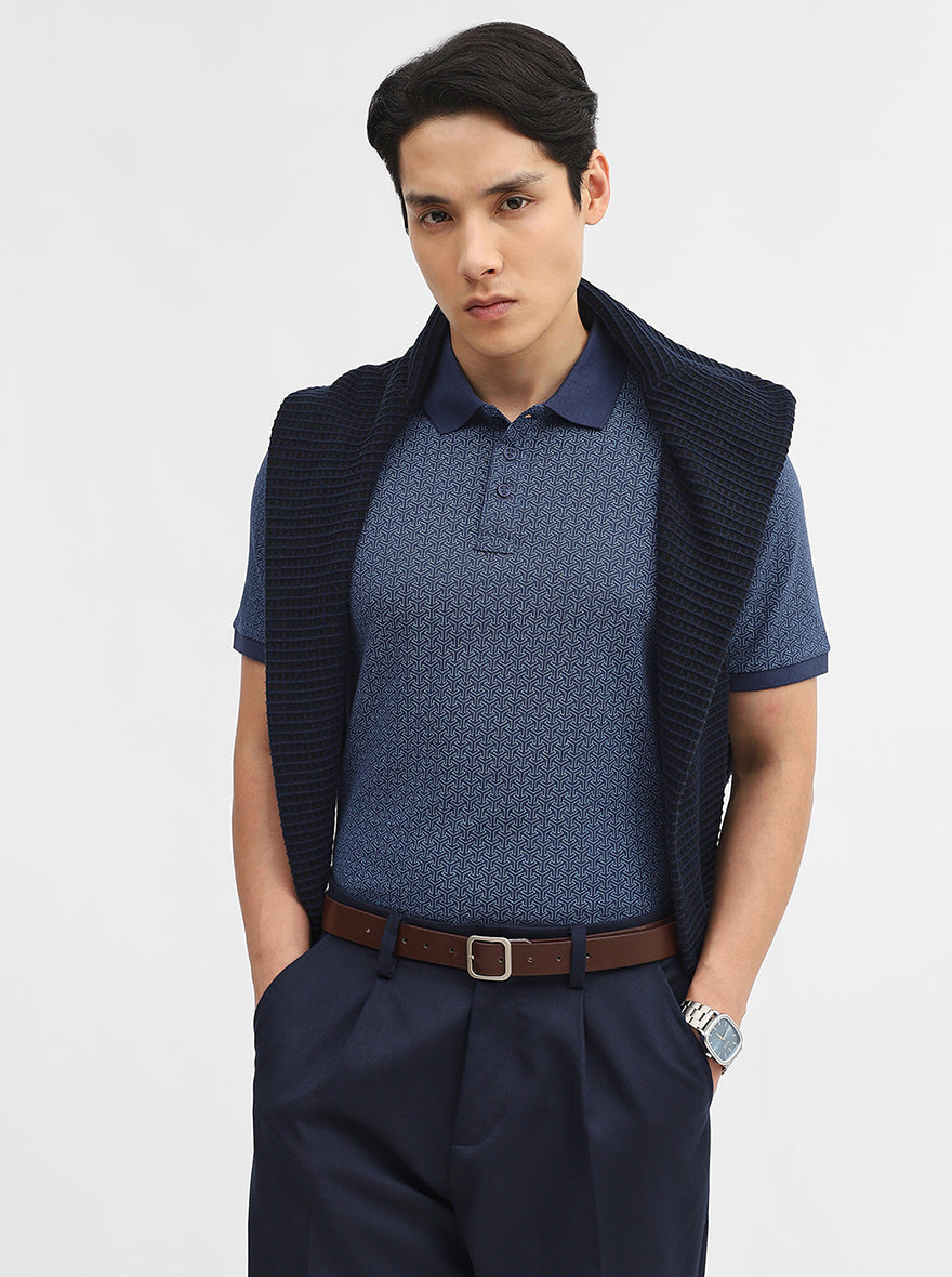 Blue Printed Slim Fit Polo T-Shirt | JadeBlue