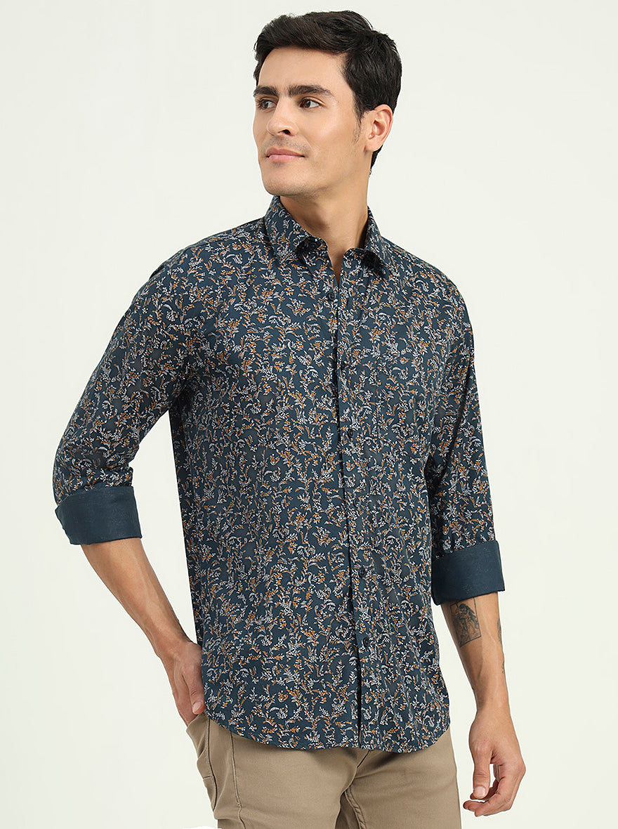 Navy Blue Printed Slim Fit Semi Casual Shirt | Greenfibre