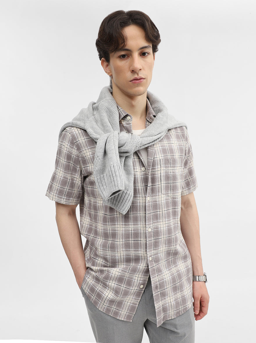 Grey Checked Slim Fit Casual Shirt | JadeBlue