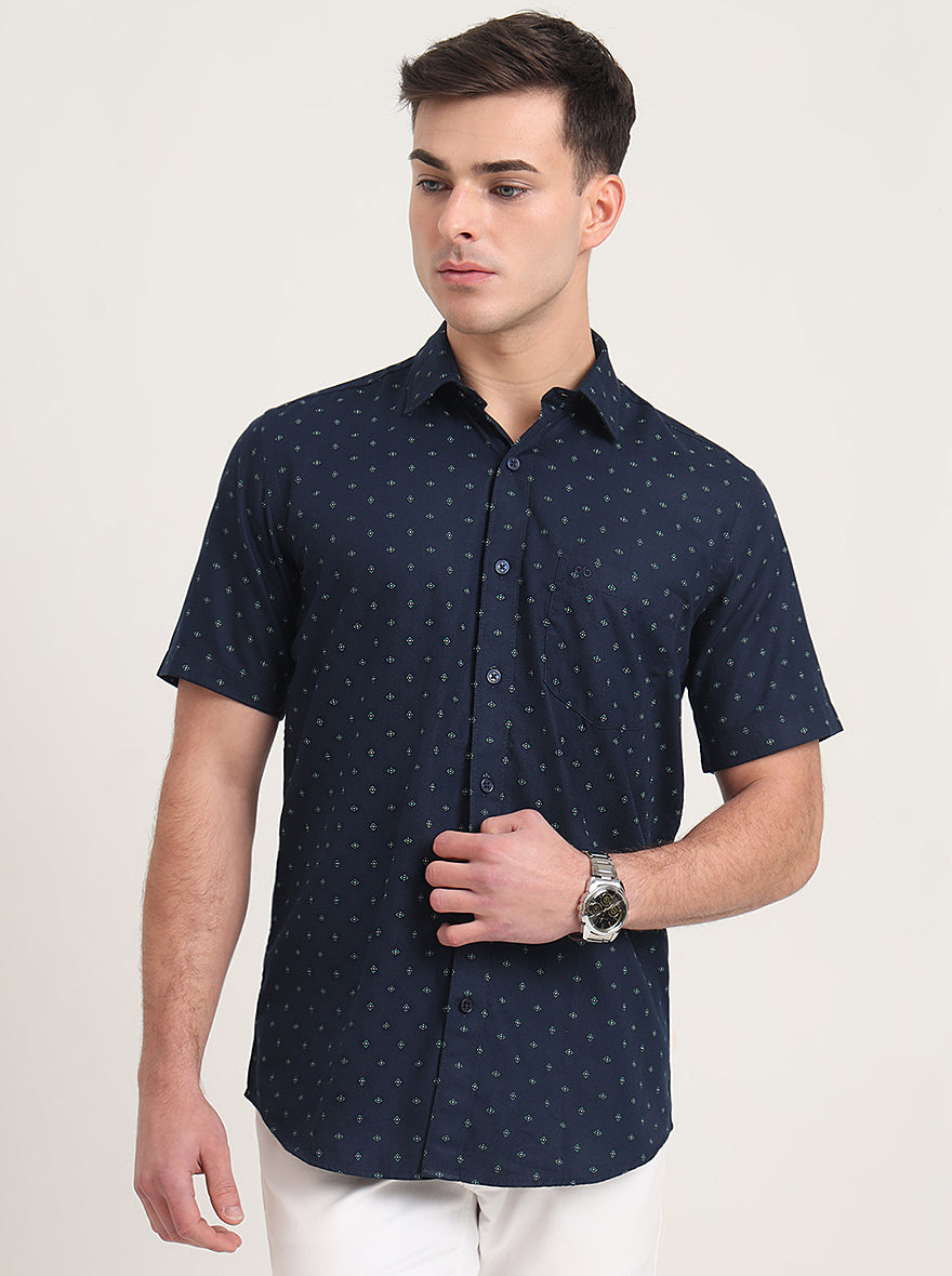 Navy Blue Printed Slim Fit Semi Casual Shirt | JadeBlue