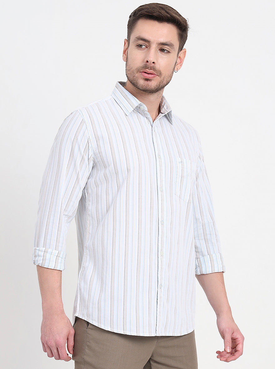 Sky Blue & White Striped Slim Fit Casual Shirt | JadeBlue