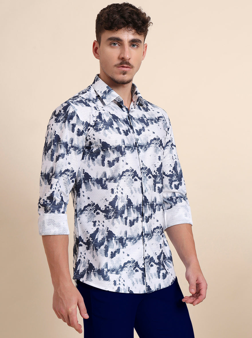 White & Blue Printed Slim Fit Party Wear Shirt | Wyre