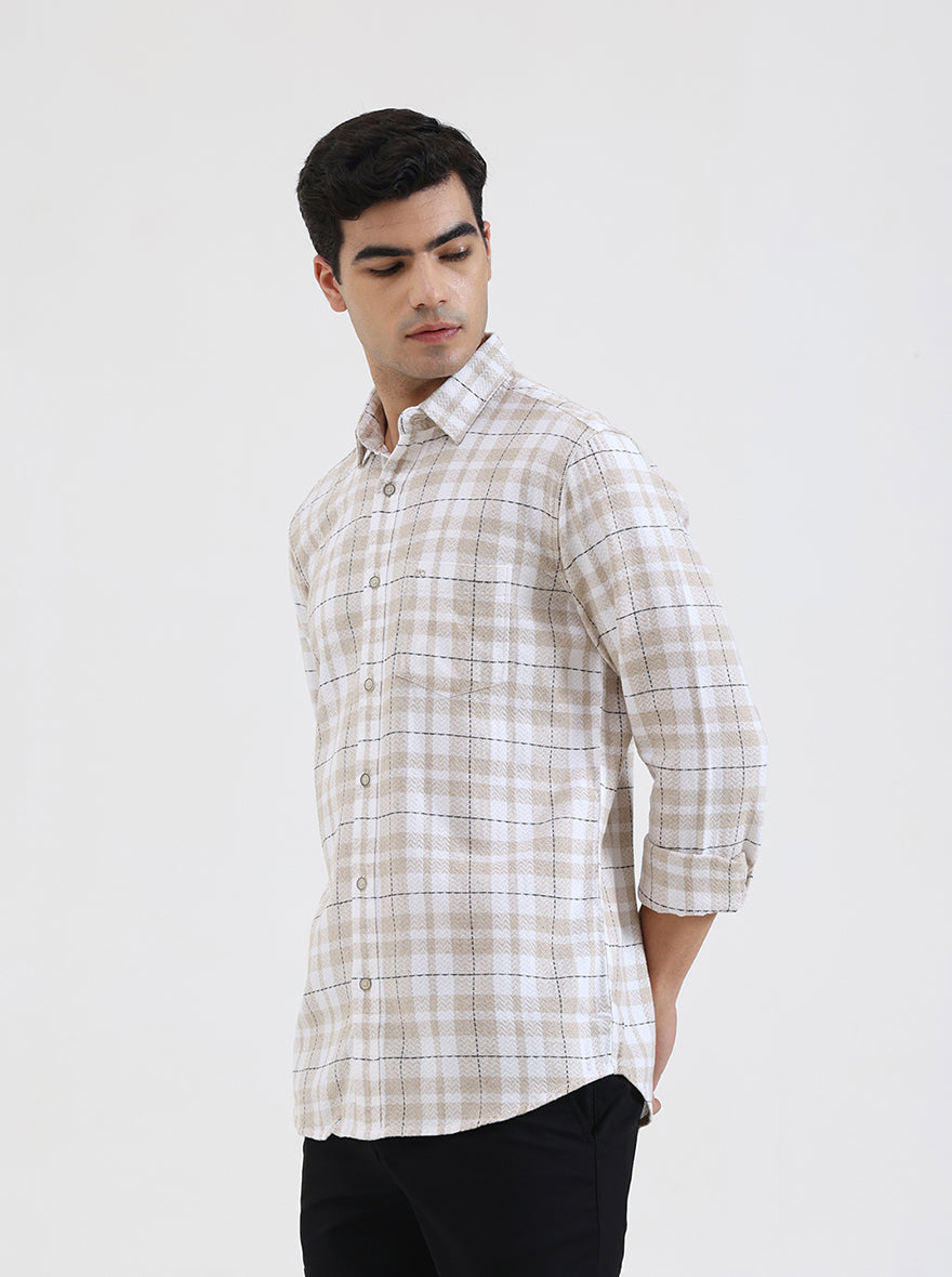 Beige Checked Slim Fit Casual Shirt | JadeBlue