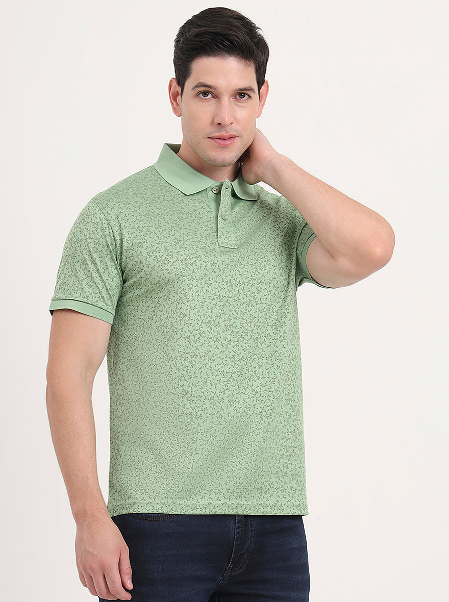 Green Printed Regular Fit Polo T-Shirt | JadeBlue
