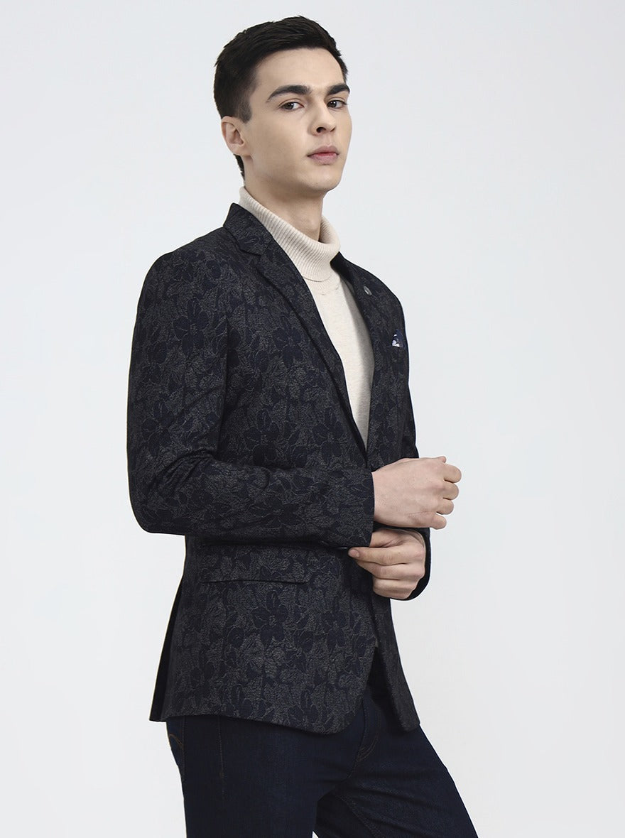 Blue Printed Regular Fit Blazer | Wyre