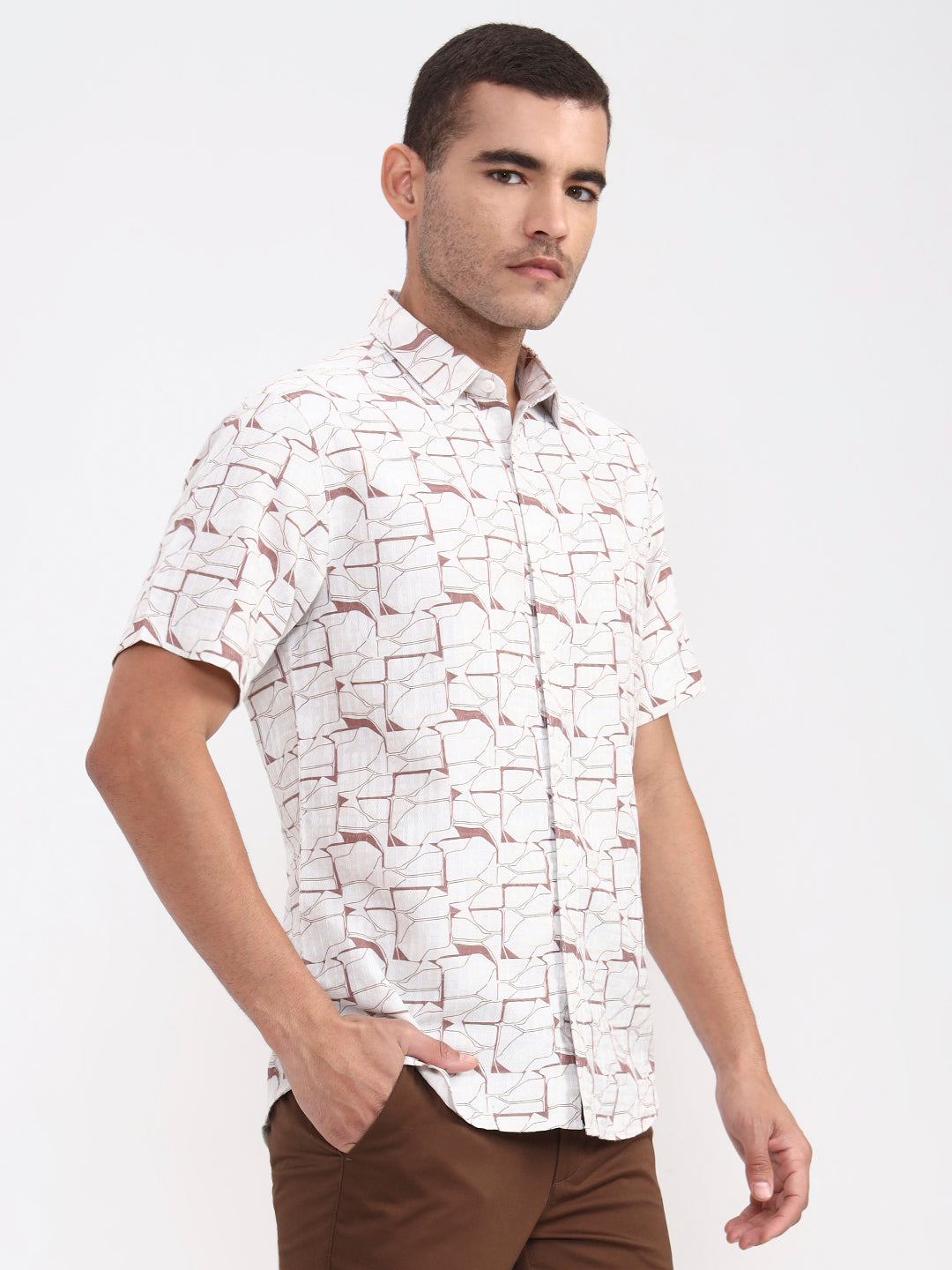 Beige Printed Slim Fit Casual Shirt | Greenfibre