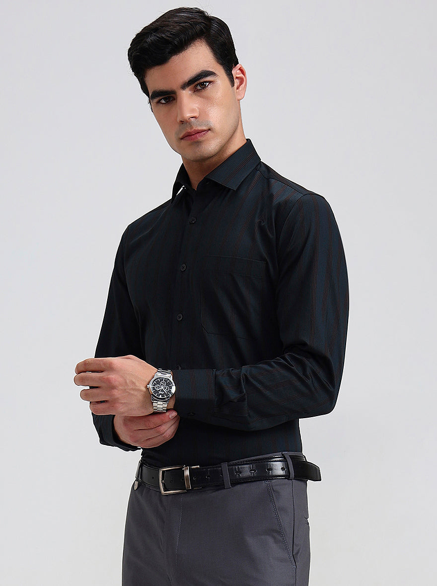 Green & Brown Striped Slim Fit Formal Shirt | Metal