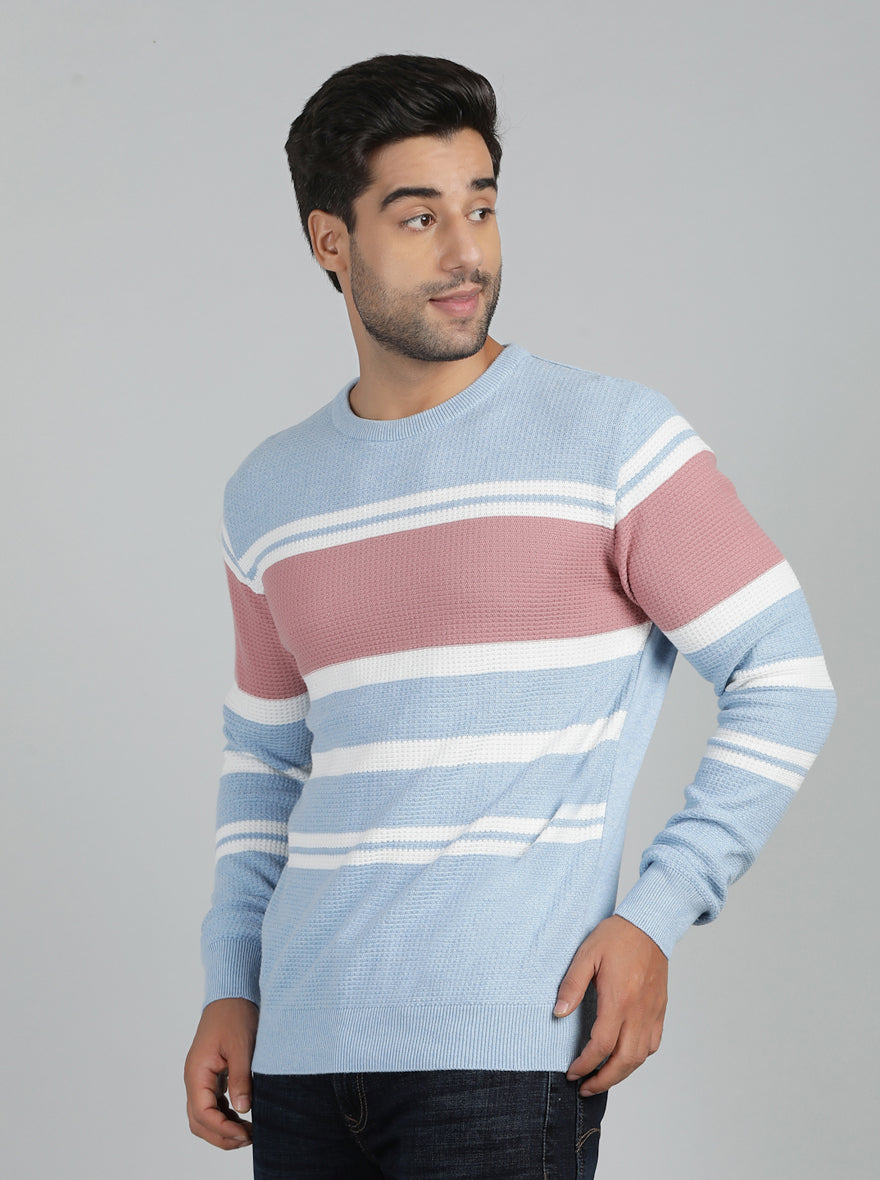 Sky Blue Striped Slim Fit Winter T-Shirt | JadeBlue