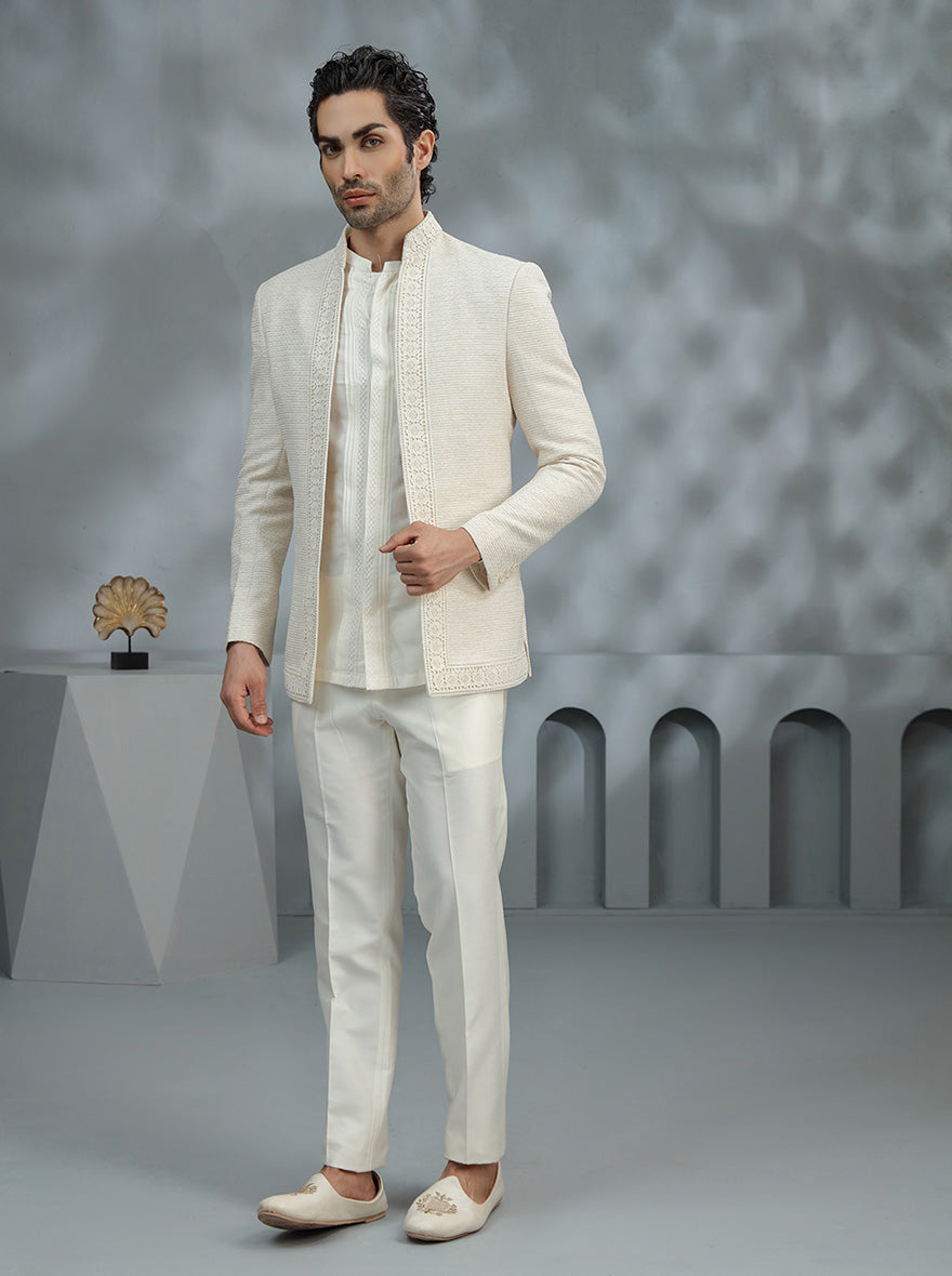 Cream Self Design Jodhpuri Suit | TULA