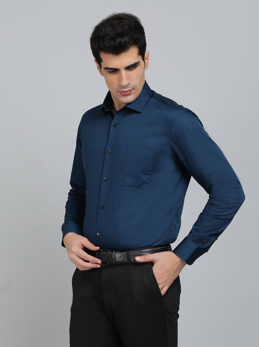 Navy Blue Striped Slim Fit Formal Shirt | Metal