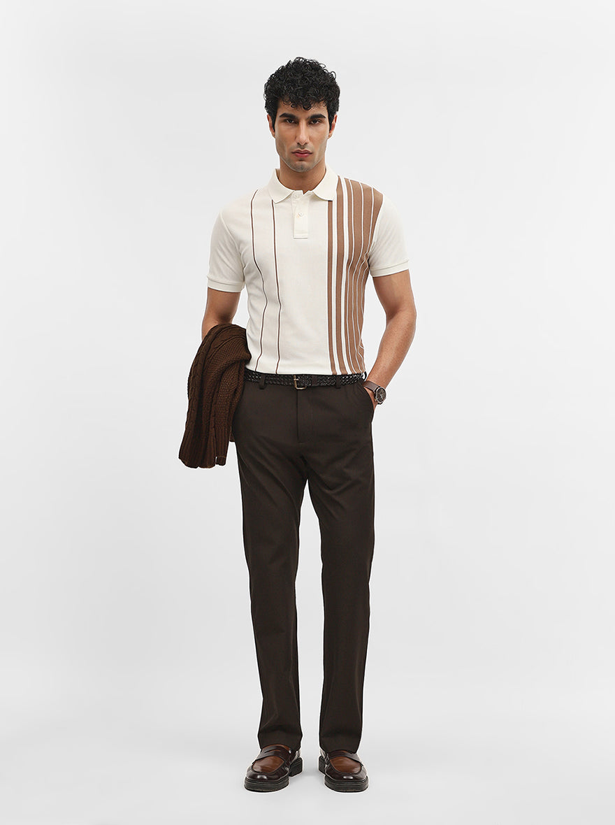 Brown & White Striped Slim Fit Polo T-Shirt | JadeBlue