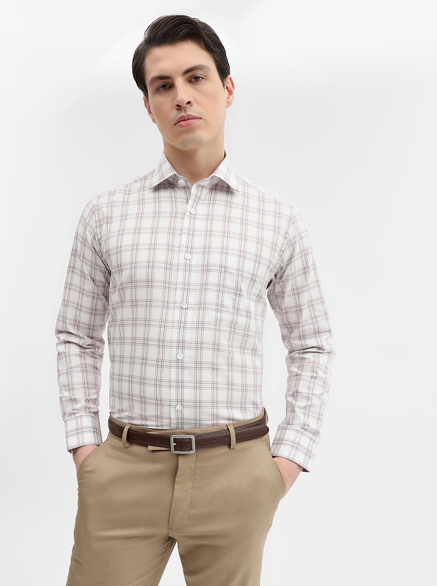 White & Beige Checked Slim Fit Formal Shirt | Metal