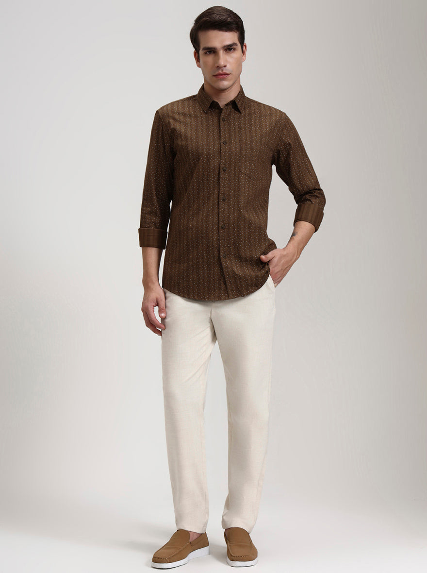 Cream Striped Slim Fit Casual Trouser | JadeBlue