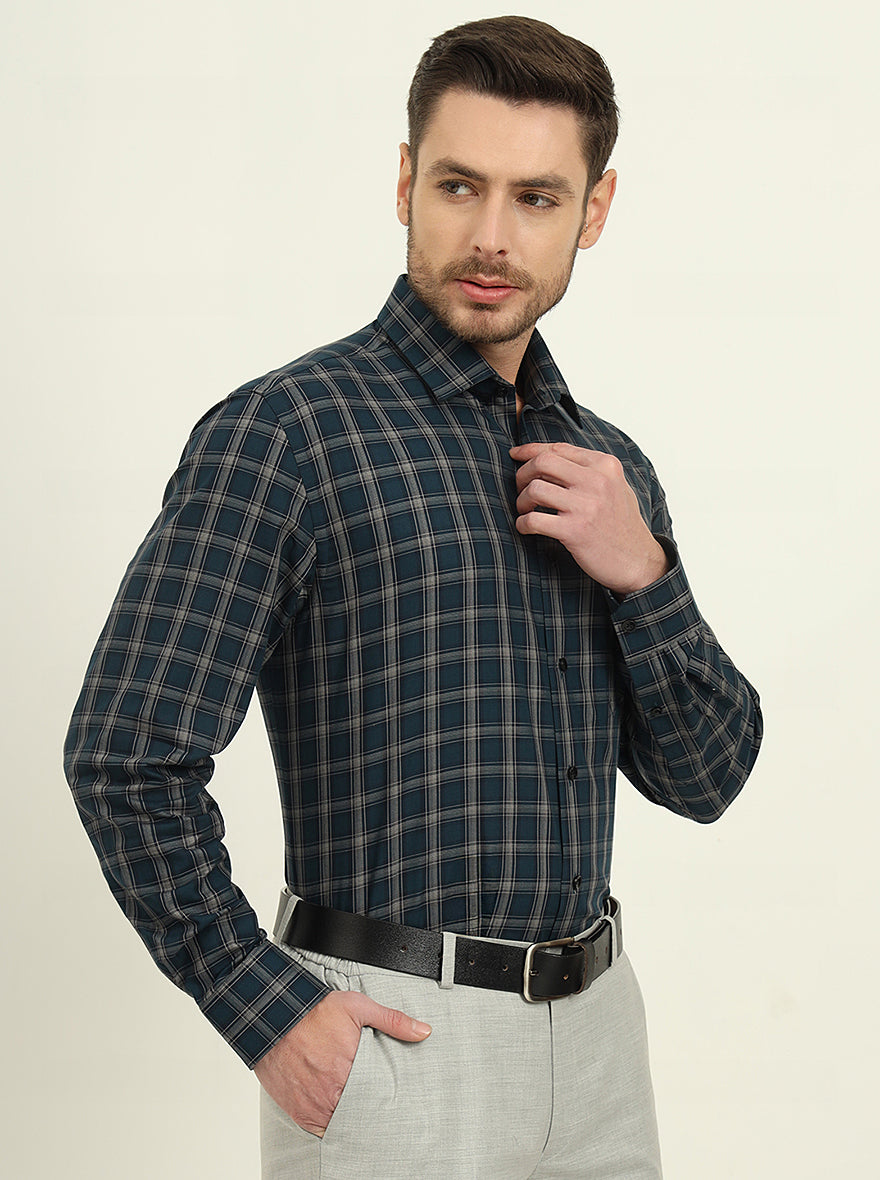 Green & Grey Checked Regular Fit Formal Shirt | JadeBlue