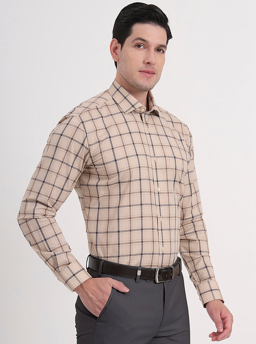 Fawn & Blue Checked Slim Fit Formal Shirt | Metal