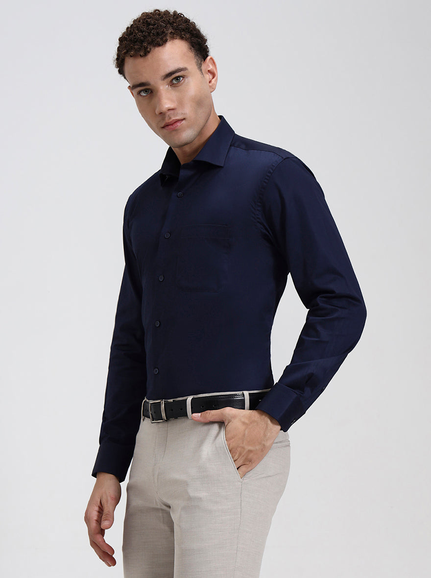 Navy Blue Solid Slim Fit Formal Shirt | Metal
