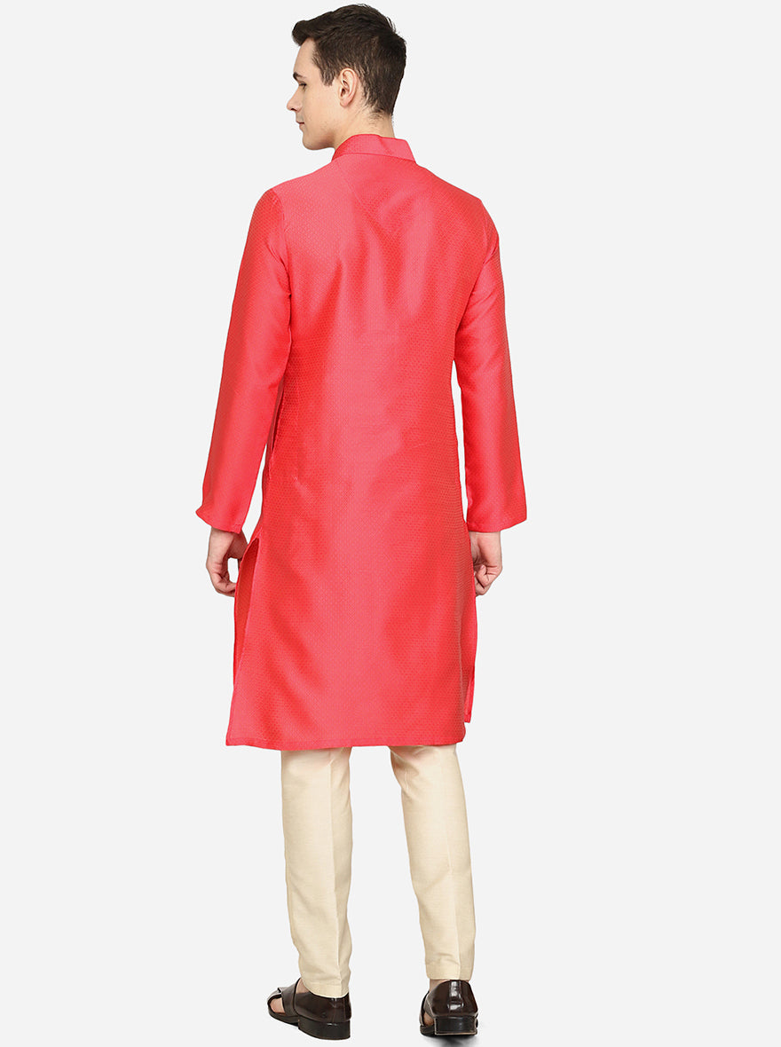 Carrot Red Texture Printed Silk Blend Kurta | The Kurta Company