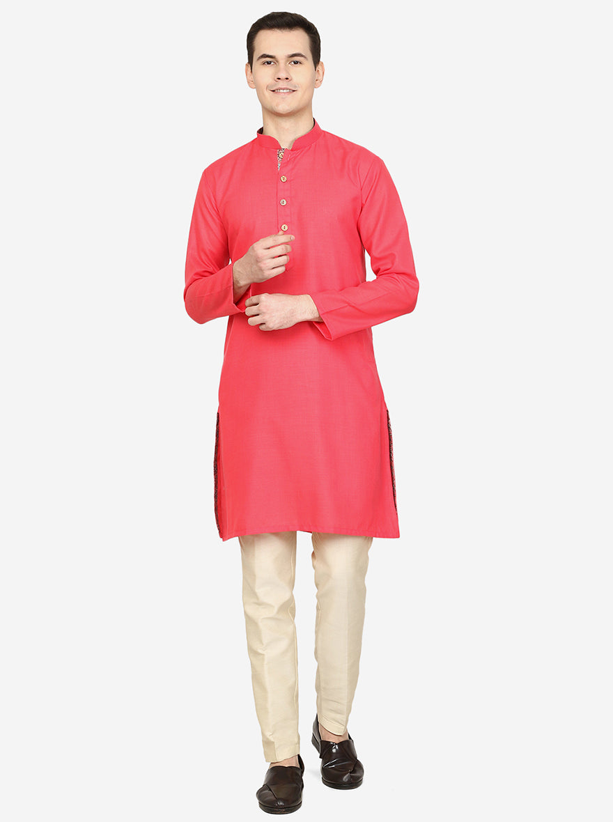 Carrot Red Solid Cotton Blend Kurta | The Kurta Company