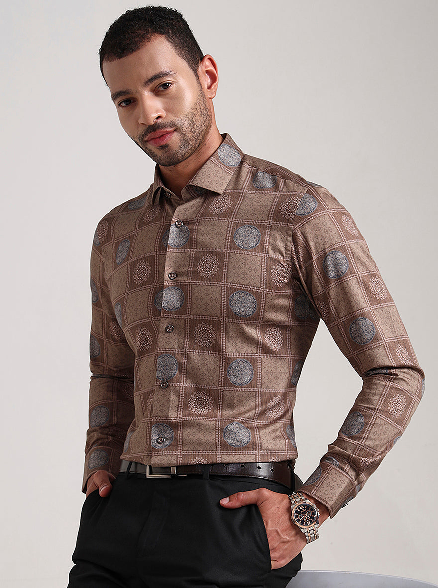 Brown Printed Slim Fit Party Wear Shirt | Wyre