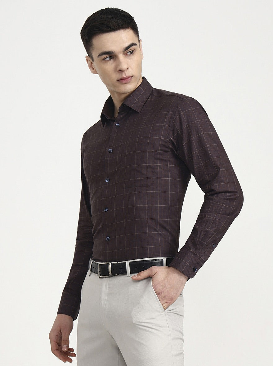 Dark Maroon Checked Slim Fit Formal Shirt | Metal