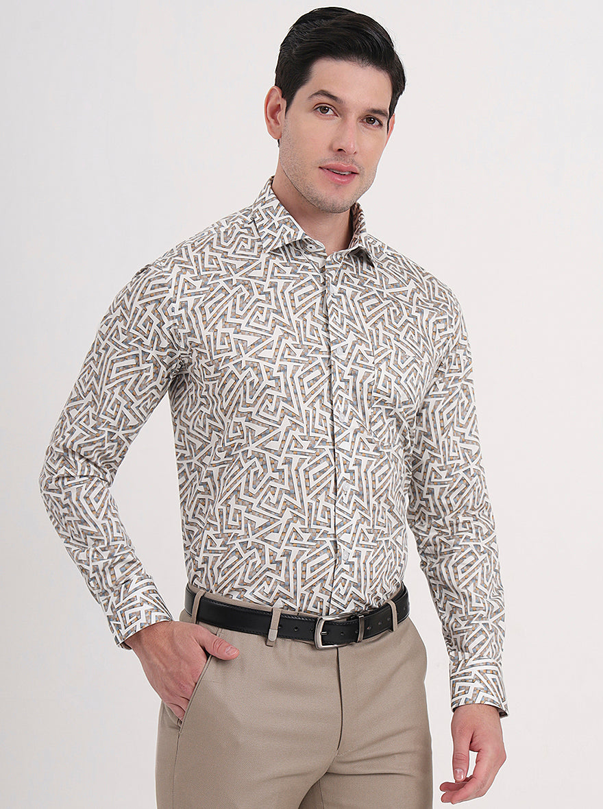White & Fawn Printed Slim Fit Formal Shirt | Metal