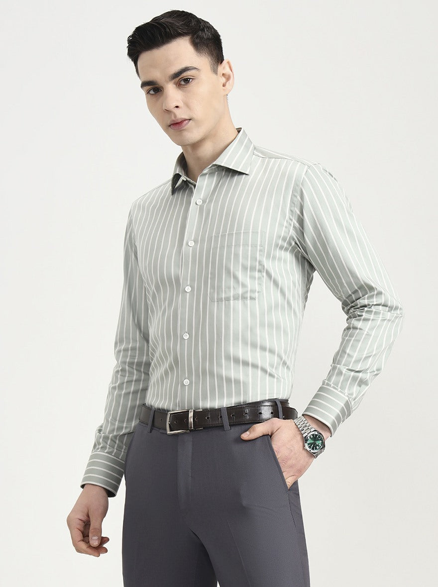 Green Striped Slim Fit Formal Shirt | JadeBlue Super Luxe