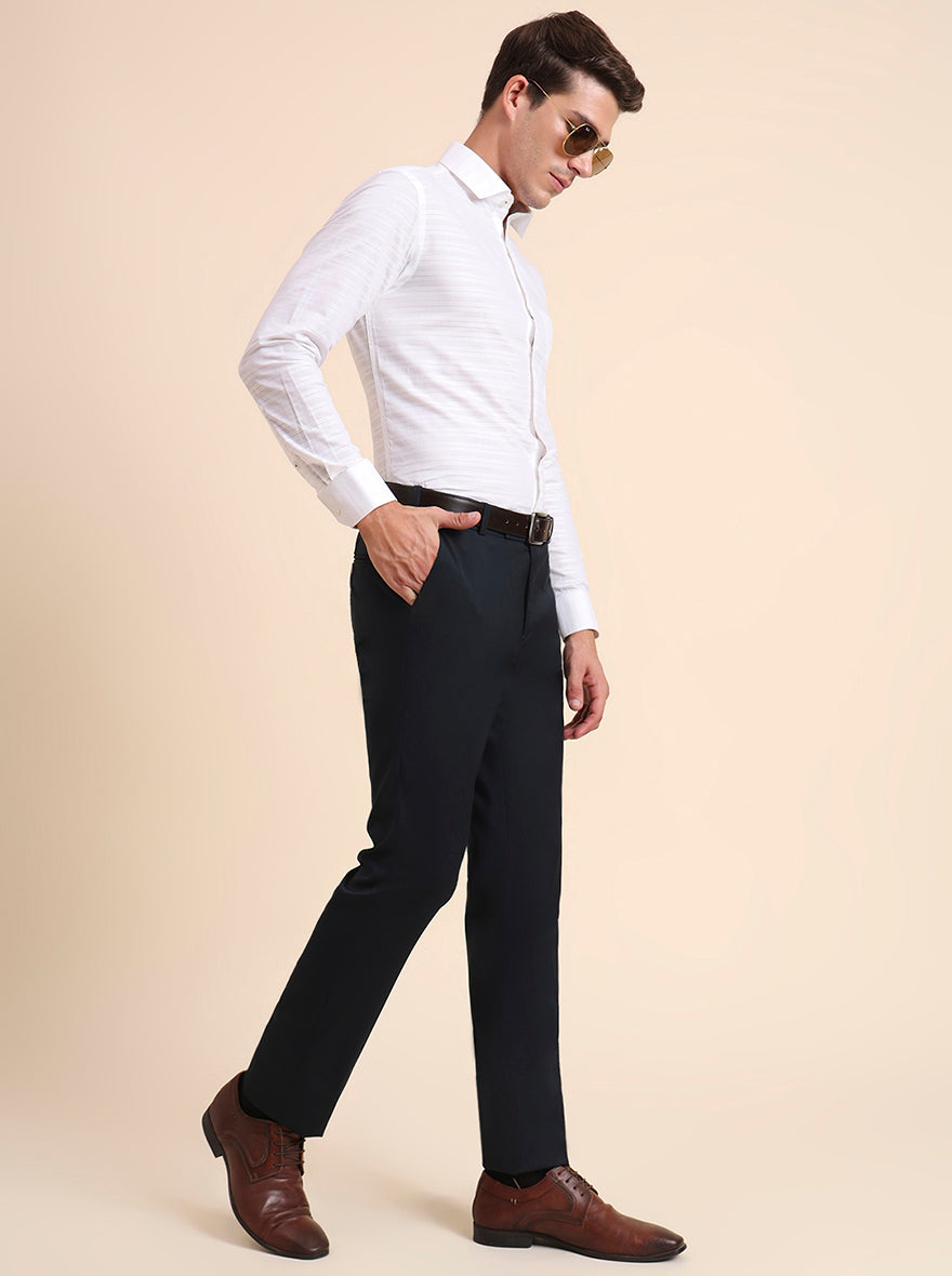 Petrol Blue Solid Slim Fit Formal Trouser | Metal