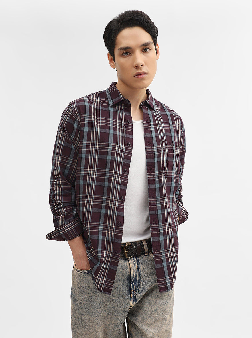 Maroon Checked Slim Fit Casual Shirt | Greenfibre