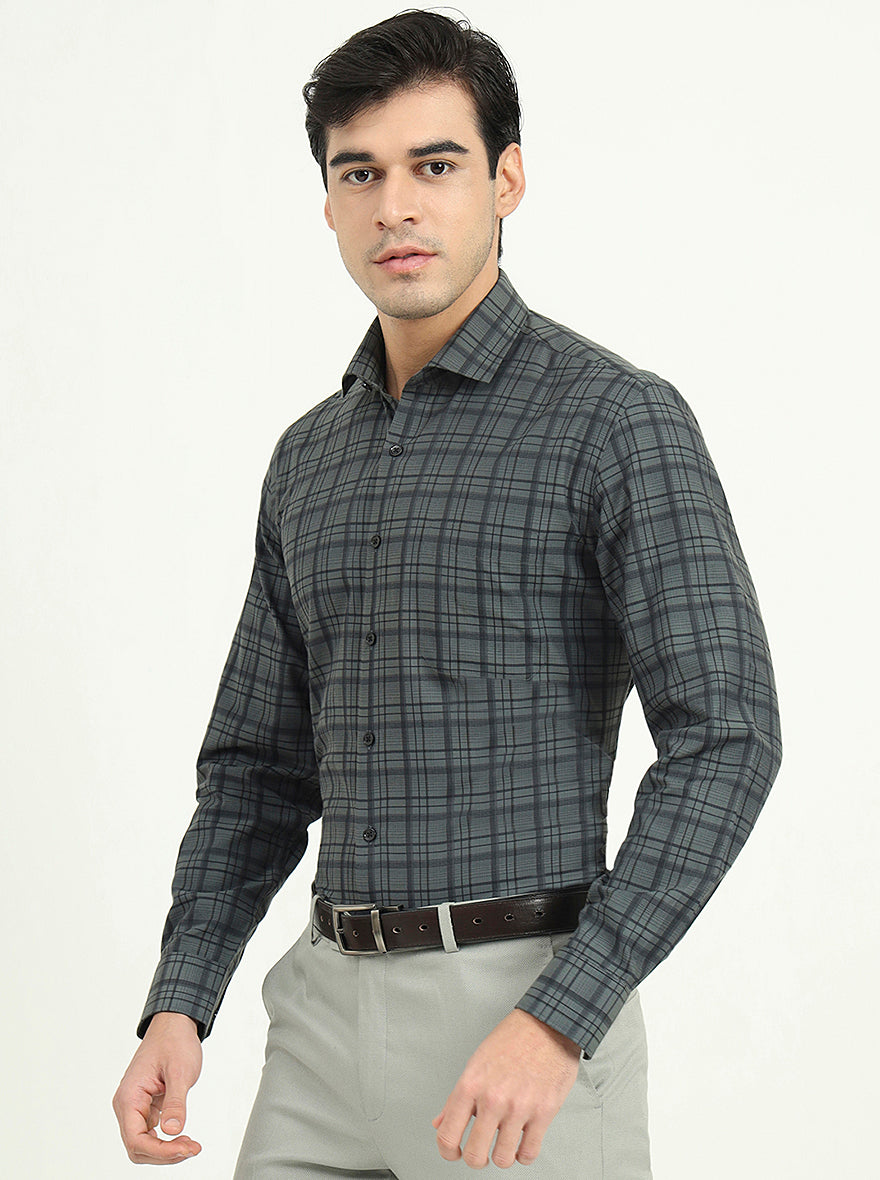 Teal Green & Black Checked Slim Fit Formal Shirt | Greenfibre