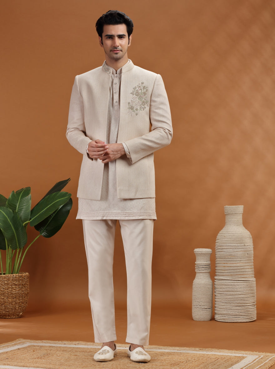 Natural Embroidered Jodhpuri Suit | TULA