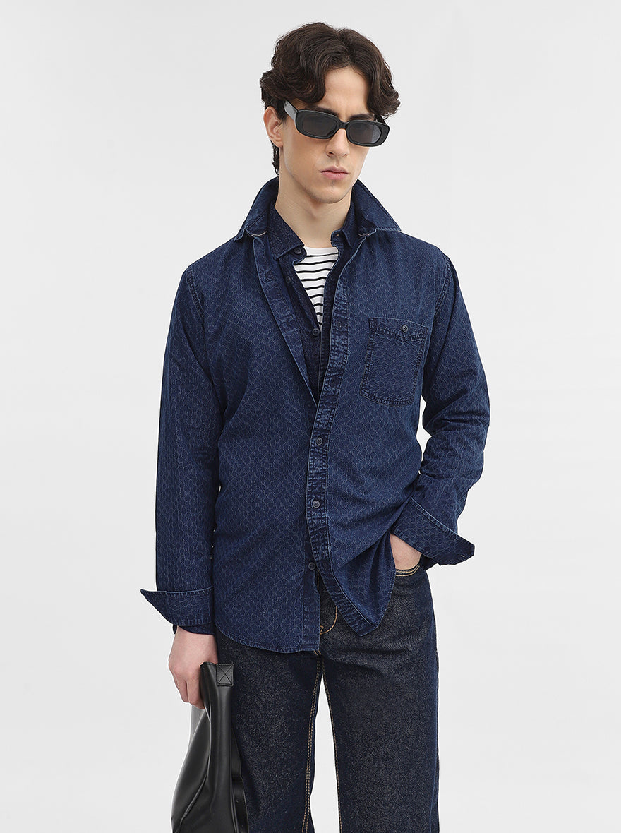Navy Blue Printed Slim Fit Casual Shirt | JadeBlue
