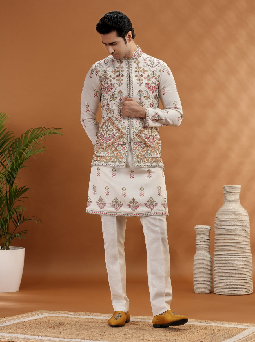 Beige Embroidered Kurta Pajama with Koti | TULA
