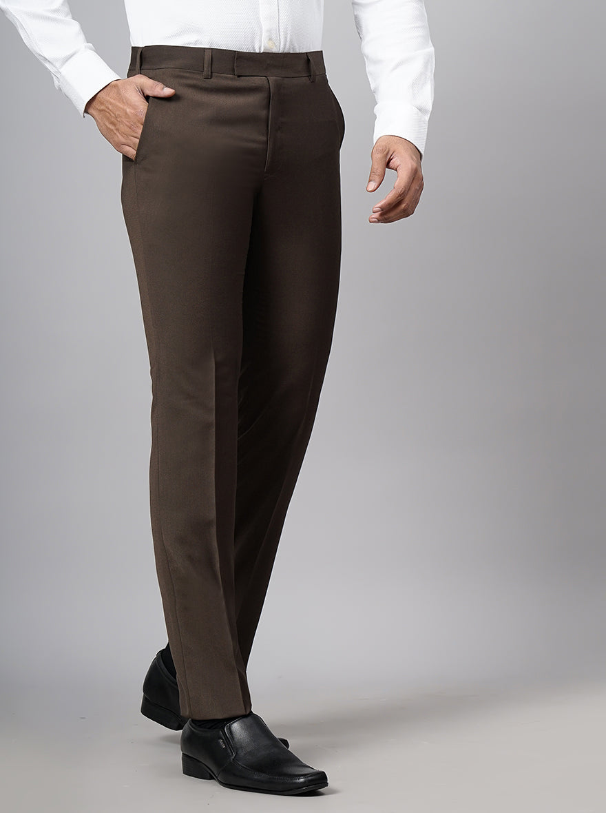 Brown Solid Slim Fit Formal Trouser | Metal