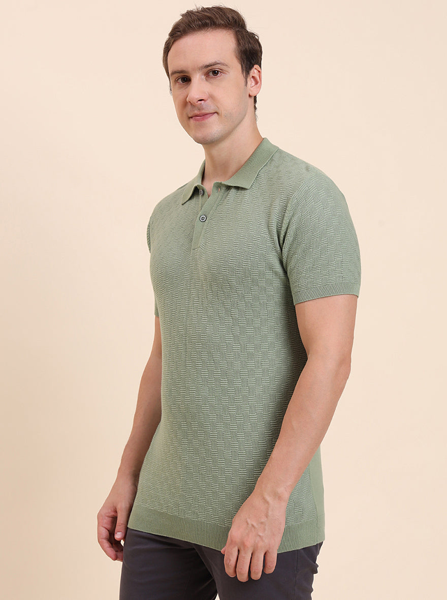 Light Green Printed Slim Fit Polo T-Shirt | JadeBlue