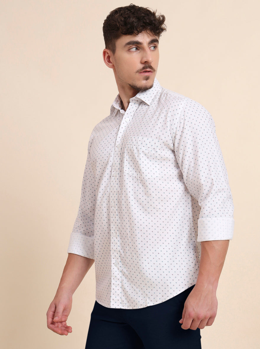 White Printed Tailored Fit Semi Casual Shirt | JadeBlue