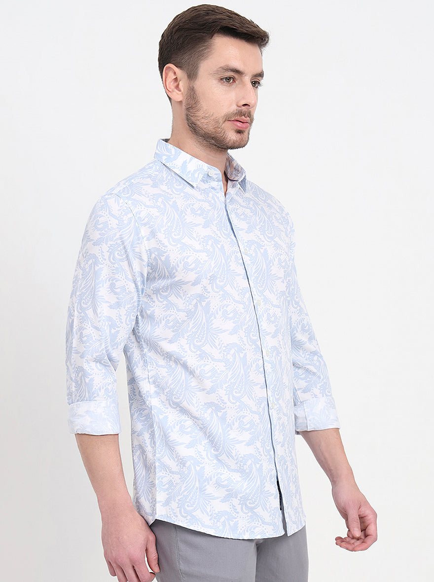White & Blue Printed Slim Fit Casual Shirt | JadeBlue