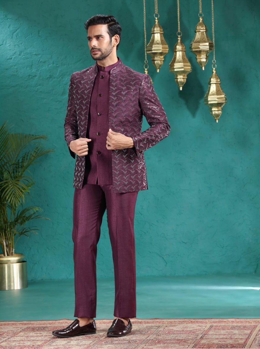 Wine Embroidered Jodhpuri Suit | JadeBlue