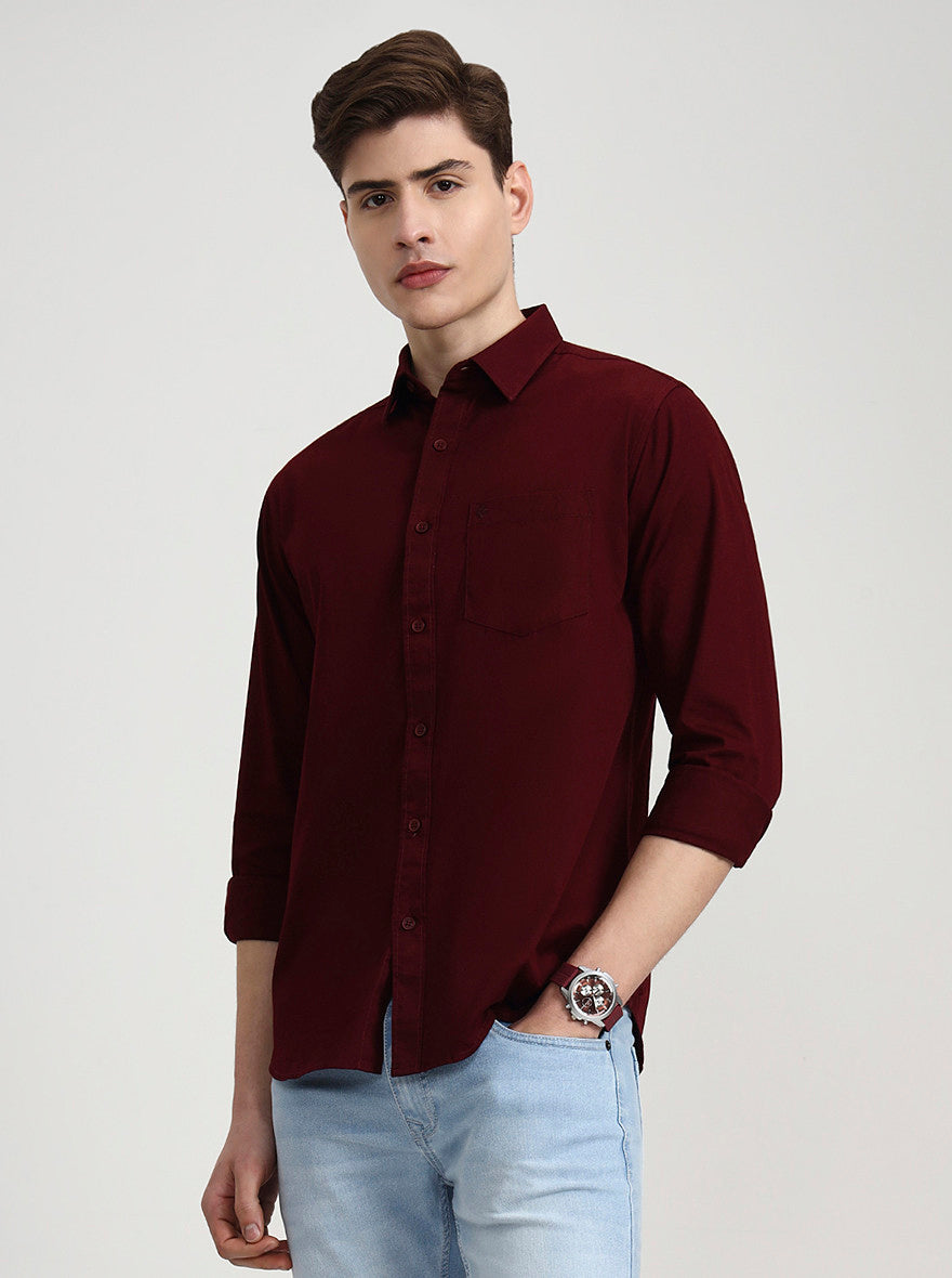 Maroon Solid Slim Fit Casual Shirt | Greenfibre