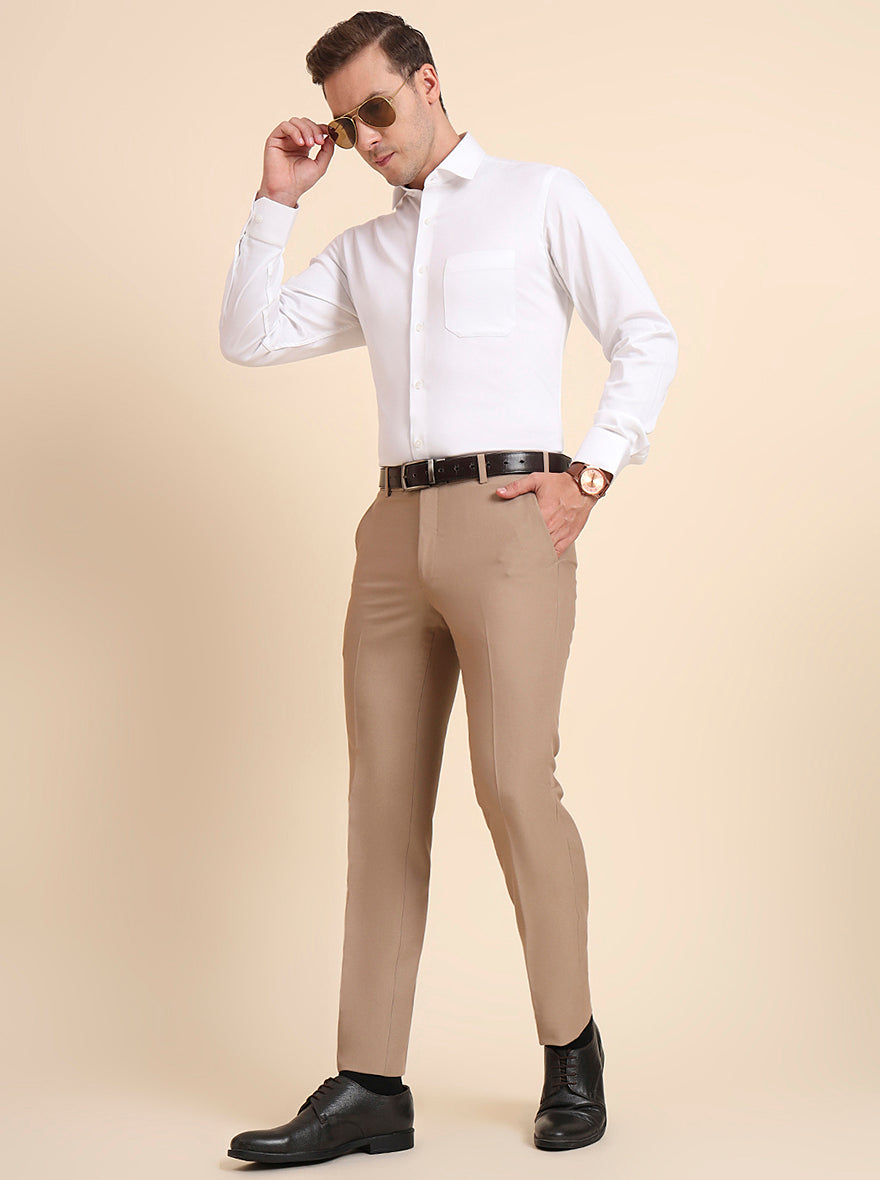 Khaki Solid Slim Fit Formal Trouser | Metal