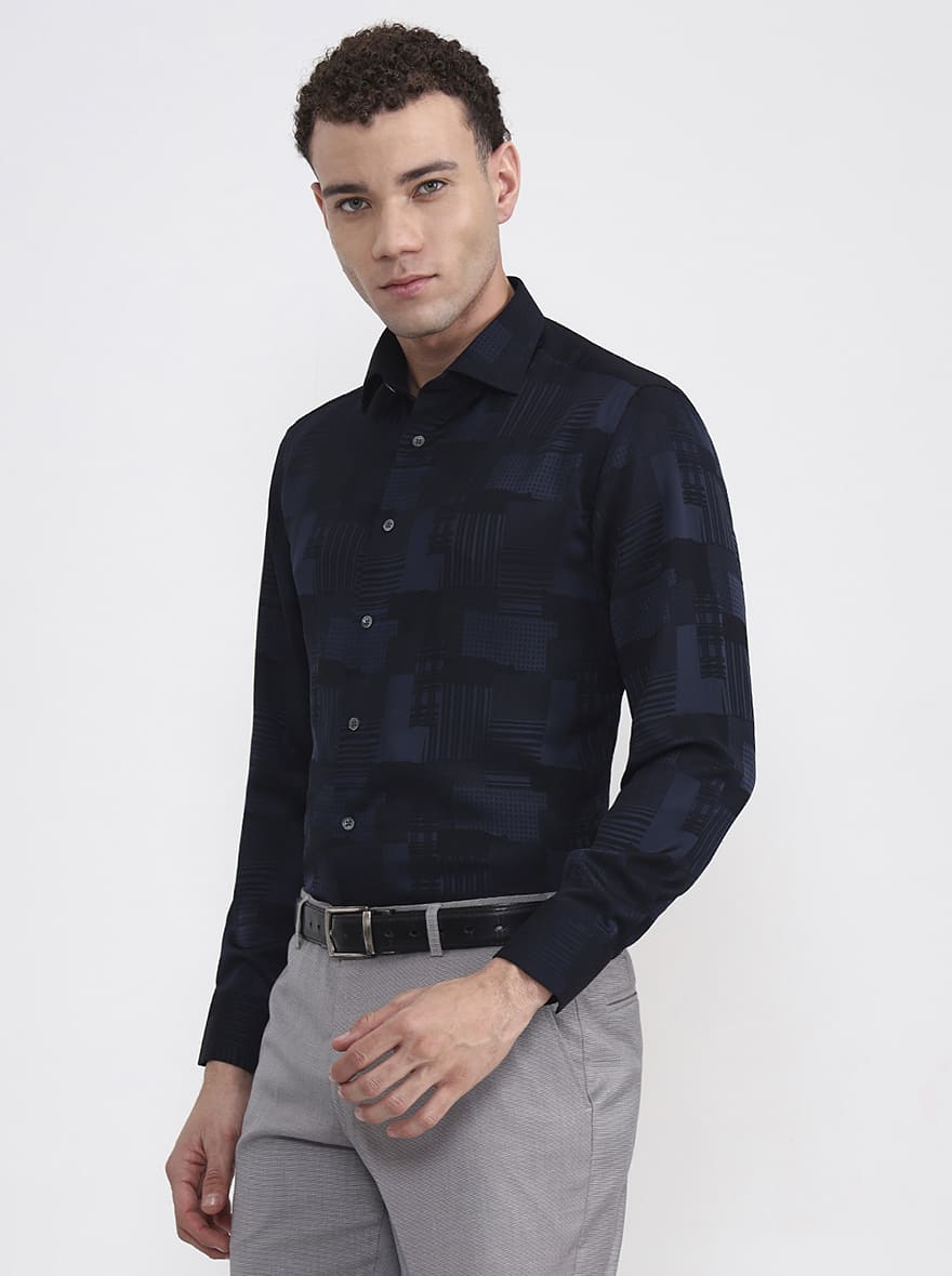 Navy Blue Printed Slim Fit Formal Shirt | JadeBlue Super Luxe