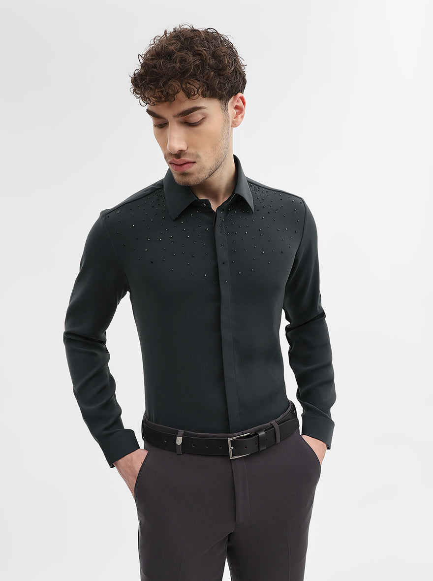 Dark Grey Solid Slim Fit Party Wear Shirt | Wyre