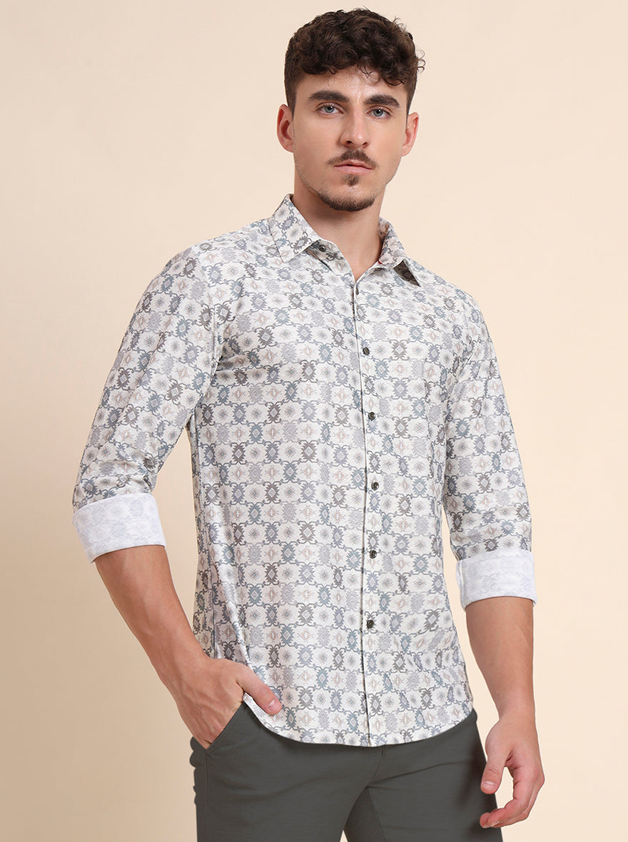 Cream Printed Slim Fit Party Wear Shirt | Wyre