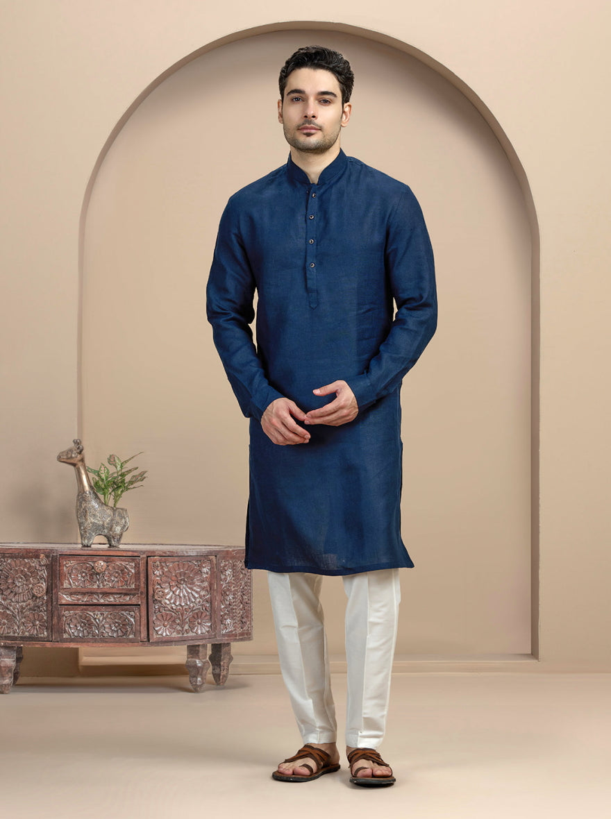 Navy Blue Solid Kurta Pajama | Virasana