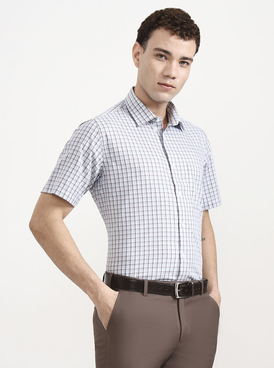 Light Blue & White Checked Regular Fit Formal Shirt | JadeBlue
