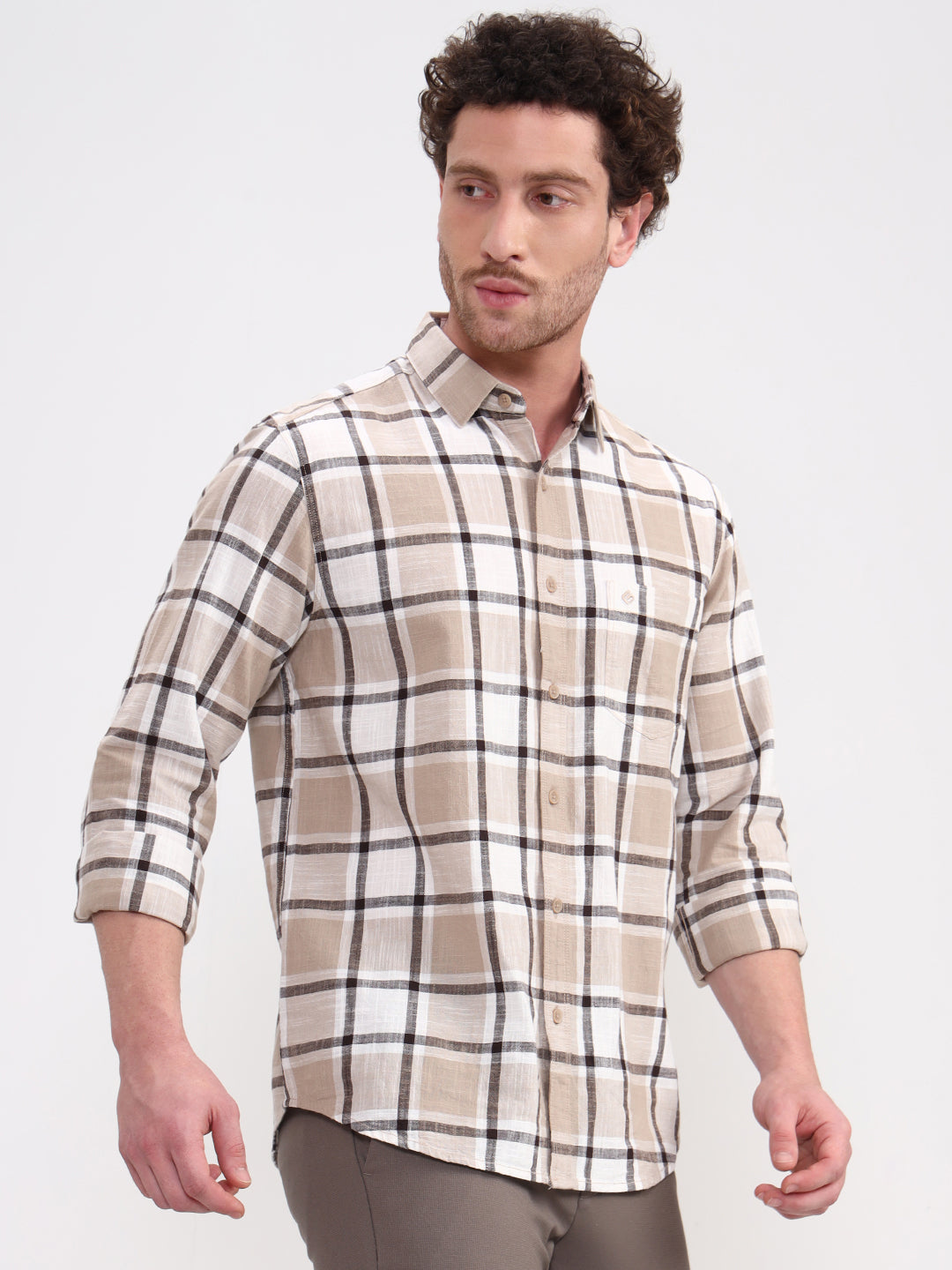 Beige Checked Slim Fit Casual Shirt | Greenfibre