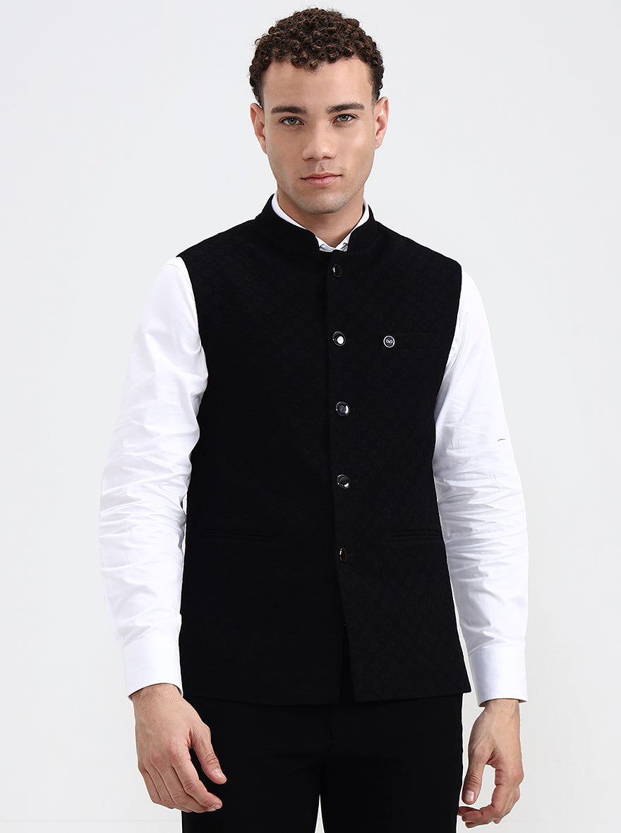 Black Printed Regular Fit Waistcoat | Wyre
